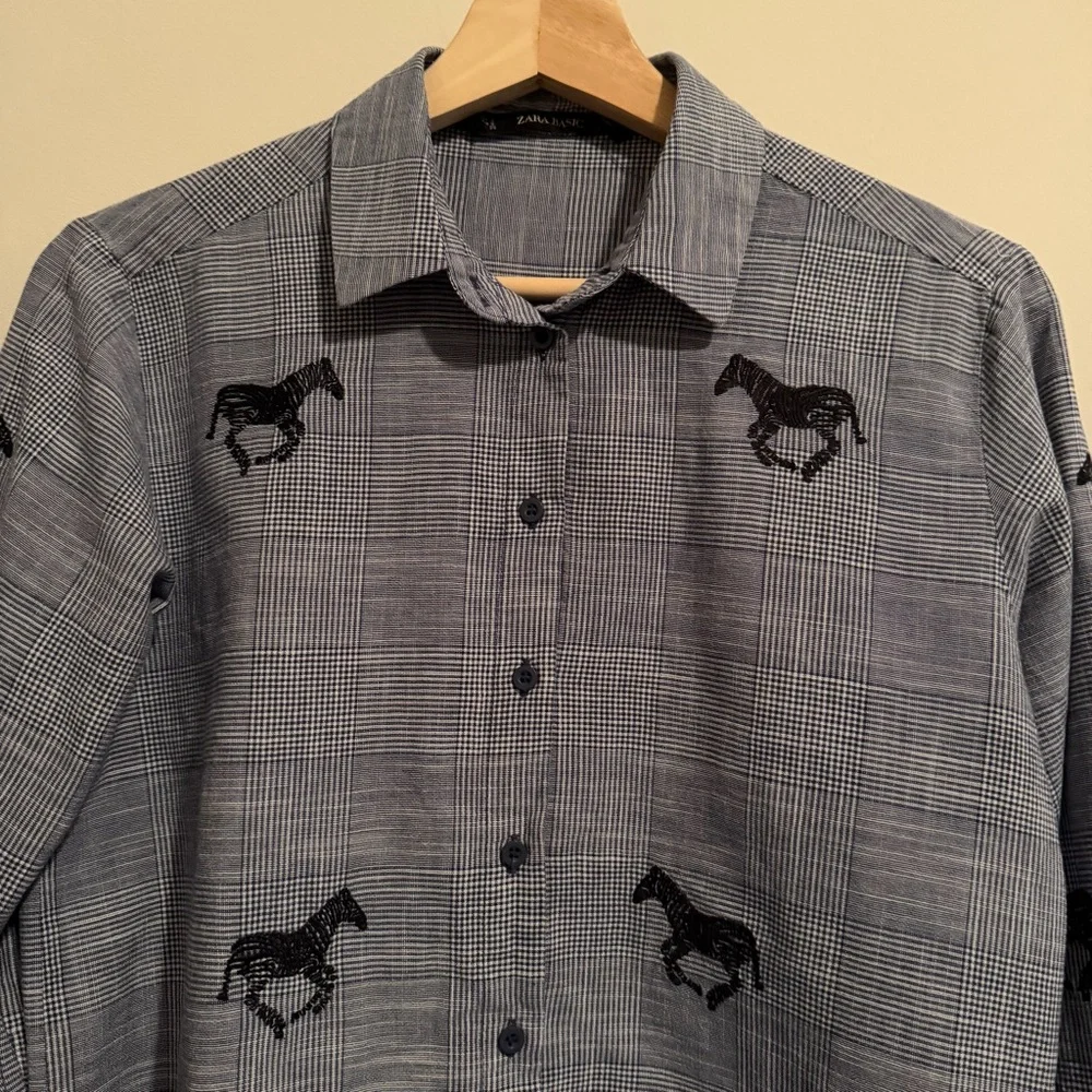Zara Plaid Zebra Embroidered Button down Shirt